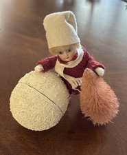 Antique German Bisque Snow Baby Paper Mache Snowball Chistmas Candy Container picture