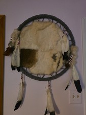 Vintage Native American Dream Catcher Large -Leather Fur Wool Feathers 26
