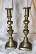 Antique 19th C Victorian English Brass Beehive Candlesticks Push Up Mechanism picture