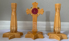 Vintage AMORC Rosicrucian Ceramic Rose Cross & Candlestick Home Sanctum Set picture
