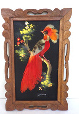 Vintage Folk Art Cartimex Feathercraft Hand Carved Cedar Framed Tropical Bird picture