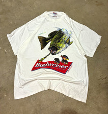 Vintage Graphic Budweiser King of Beers Fishing White T-Shirt with Bass 2000 picture