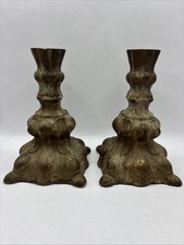 Pair VTG MCM  Old Ornate Detailed CANDLE HOLDERS Resin Gesso Bows Swags Brown 6” picture