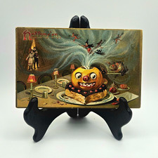 RARE Antique 1908 Raphael Tuck & Sons HALLOWE'EN Witch Cat Pumpkin Post Card picture
