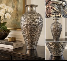 Large 22” Hand Tooled Silver Tone Metal Vase Repoussé Floral Foliate Decor picture