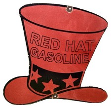 VINTAGE RED HAT GASOLINE PORCELAIN SIGN TOP HAT STARS GAS OIL PUMP PLATE picture