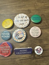 LOT 9 VINTAGE FUNNY UNIQUE SARCASTIC NOVELTY BUTTON PINS PINBACKS picture