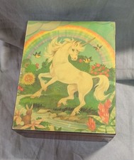 Vintage South Dakota Cedar Hinged Trinket Box Unicorn Rainbow Souvenir picture
