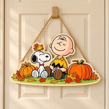 Snoopy Charlie Brown Woodstock Fall Wooden Door Hanger Pumpkin Autumn Decor picture