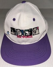 VTG RARE Sea World Hat w Pin Shamu Friends Souvenir Amusement Park Purple White picture