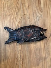 Japanese Buddhist Mokugyo Carved Wood Fish Drum Vtg Temple Decor 19in picture