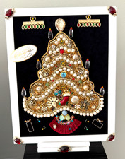 Christmas Tree Handmade Framed Vintage & Modern Jewelry Collage Art W/Stand NEW picture