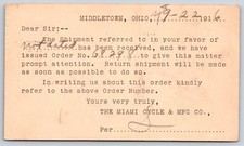 Middletown Ohio~Miami Cycle Mfg Co Shipment~Flying Merkel Motorcycle~1916 Postal picture