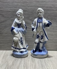 Vintage Colonial Couple White & Blue  Ceramic Figurines With Gold Accents picture