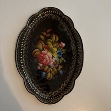 VTG Authentic Russian Zhostovo Hand-Painted Floral Lacquered Metal Tray Signed. picture