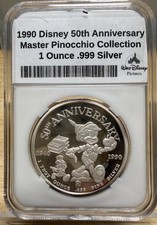 1990 Disney 50th Anniversary Master Pinocchio. 1 Troy .999 Silver picture