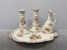 Antique Likely English Dresser Vanity Set Tray Candle Holders & Perfume Bottle picture