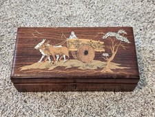 Antique Keepsake Box handcrafted inlay depicting traditional Bullock chart scene picture