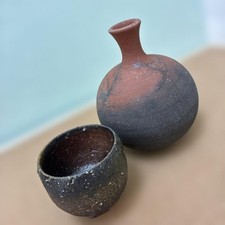 Bizen-yaki Sake Cup & Tokkuri Set Unused Japanese Pottery Artist Work used picture