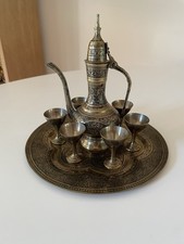 India Brass And Lacquer Handcrafted Decanter And Goblets On Plate (Vintage) picture