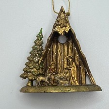 Vintage Gold Nativity Scene Ornament Manger Christmas Religious Made Hong Kong picture