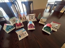 Vintage 50’s Christmas Putz Cardboard 10 piece Village picture