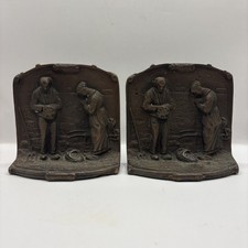 Vintage 1920s The Angelus Call to Prayer Cast Iron Bookends Farmers Harvest picture