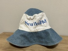 Vintage 80s Sea World Park Floppy Sun Hat Denim White Blue Bucket Cap Beach picture