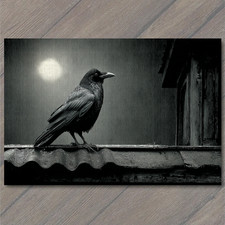 POSTCARD Raven Moonlit Roof Perched Crow Gothic Nocturnal Bird Night Shadows picture