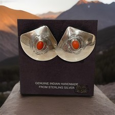 Vintage Navajo Sterling Silver Natural Red Coral Stamped Concho Earrings Signed picture