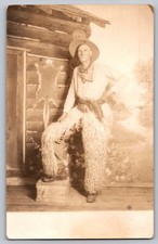c1910 Western Cowboy in Woolly Chaps Gun Holster Studio Portrait Real Photo RPPC picture