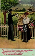 Antique 1911 Postcard Departure Dry Your Sweetheart's Tears Good-Bye US Flag E1 picture