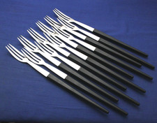 SET  11 VINTAGE MCM  AUBECO INOX  FONDUE FORKS  MOLDED BLACK HANDLES FRANCE 60'S picture