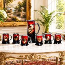 Rare Complete Antique Victorian Pitcher Mug Hand Painted Dog Canine Portrait Set picture