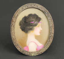 Antique Victorian Hand Painted Miniature Portrait SIGNED Silverplate Frame picture