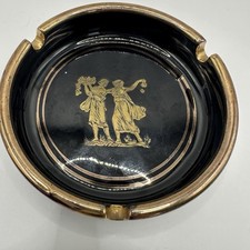 Vintage Greek Ashtray Black 24K Gold Inlay Hand Made in Greece 3.5