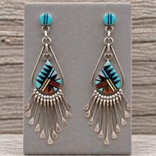 Zuni Laahty Sterling Silver Turquoise Multi Stone Inlay Earrings Signed Vtg 3