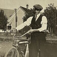 Vintage Antique Snapshot Photograph Handsome Young Man With Bicycle Newsboy Hat picture
