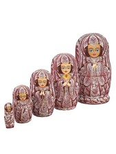 Filatova Signed Russian Nesting Dolls 5pc Angel Burgundy Lace Cross Candle 6.6in picture