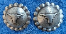 Vintage Engraved Silver Steer Head Old Loop Back Conchos for bridle spur straps picture