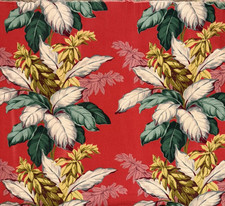 Vintage 1940's-50's Tropical Hawaiian Barkcloth Fabric Red Banana Leaf 33x38