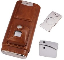 Deluxe Portable 3 Holder Cigar Case Set With Lighter and Cutter Great Gift Kit picture