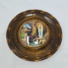 VINTAGE FRENCH OUR LADY OF LOURDES WOOD & BUBBLE GLASS WALL PLAQUE CATHOLIC picture