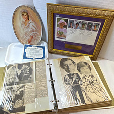 👑Princess Diana Lot: Vintage Scrapbook, Collector Plate & Framed Stamps COA picture