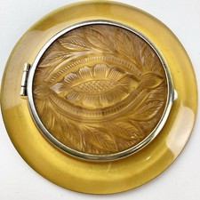 1920s Bakelite Catalin Prystal Translucent Amber Compact Carved Art Decor Rare picture