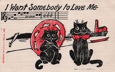 Antique Halloween Black Cat Kitty Wells Musical Romance Love Vtg Postcard F36 picture