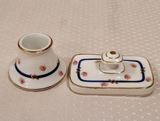 Antique Vienna Austria Porcelain Inkwell And Blotter Hand Painted Roses Marked picture