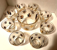 Vintage MCM BAR Set of 8 Libby Golden Foliage lowball glasses & ice bucket picture