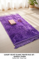 Luxury Velvet Islamic Prayer Rug Set - Padded Janamaz, Quran & Tasbih - Purple picture