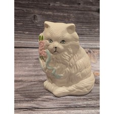 Vintage Ceramic Persian Cat Bank White Longhair Figurine with Pink Roses 5.5in picture